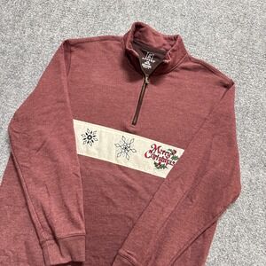 George Quarter Zip Sweatshirt Men's Large Merry Christmas Cotton Embroidered Red